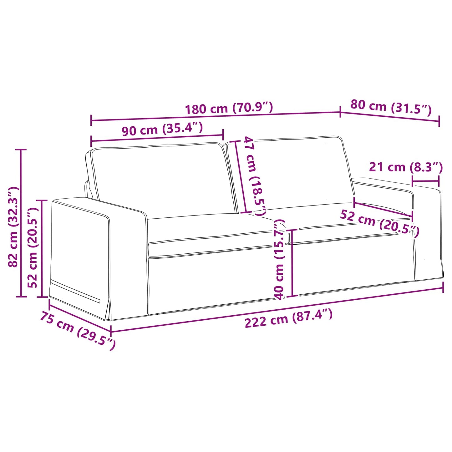 Sofa Creme 222 x 80 x 82 cm Stoff