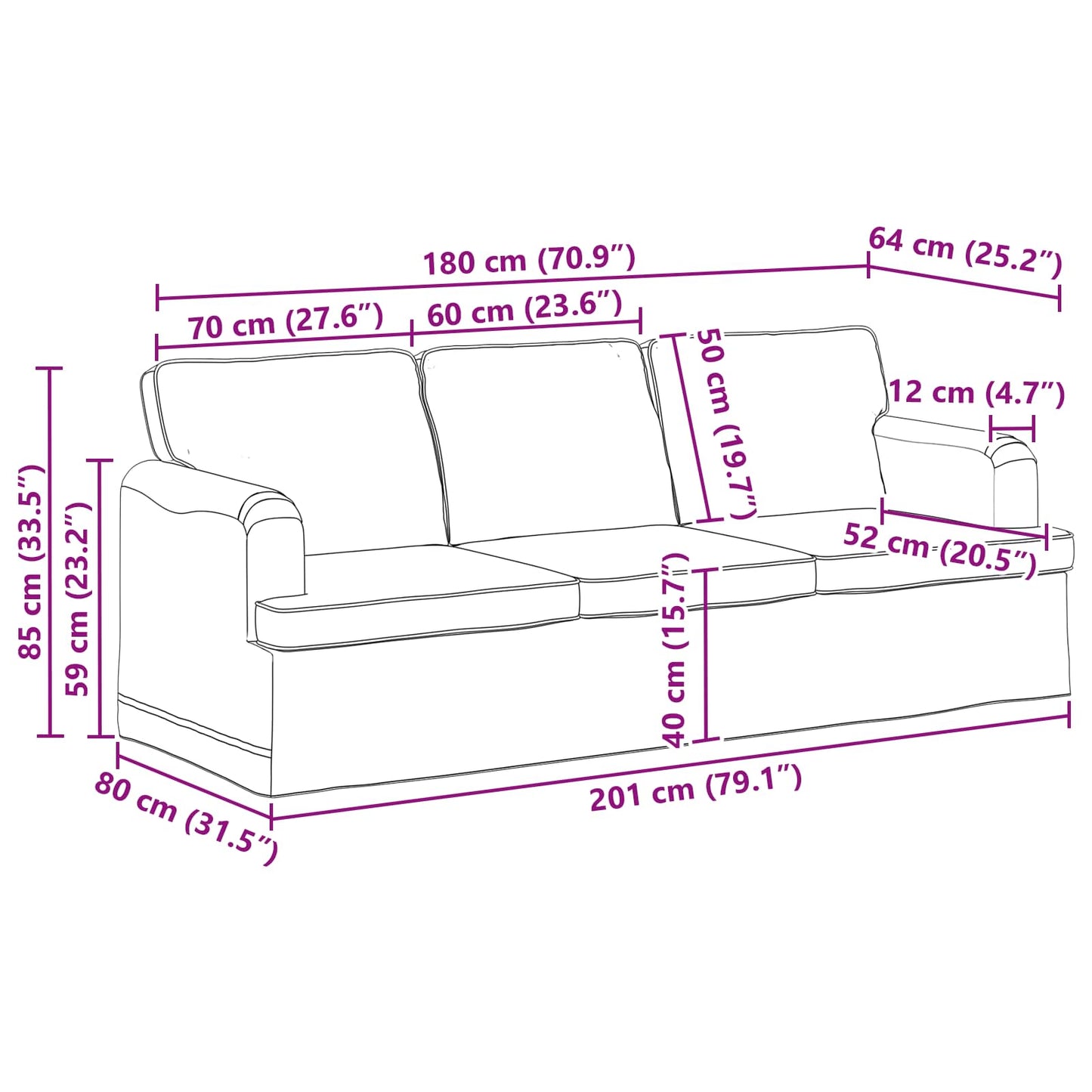 Sofa Schwarz 201 x 80 x 85 cm Stoff