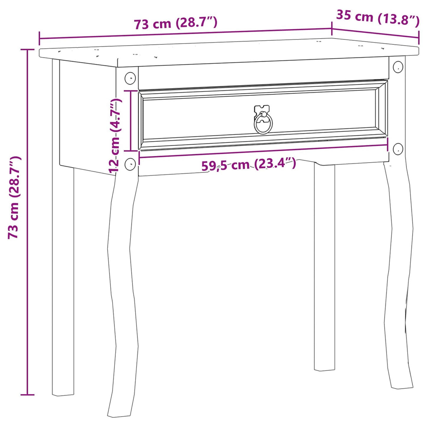 Konsolentisch Weiß 73 x 35 x 73 cm Massives Kiefernholz