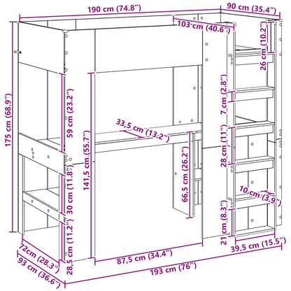 Etagenbettgestell mit Schreibtisch Beton Grau 90 x 190 cm