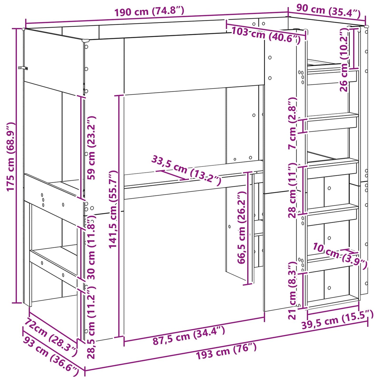 Etagenbettgestell mit Schreibtisch Altholz 90 x 190 cm
