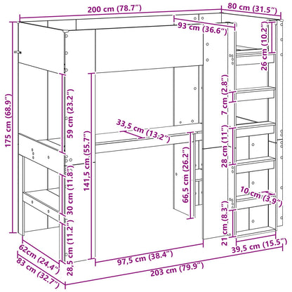 Etagenbettgestell mit Schreibtisch Beton Grau 80 x 200 cm