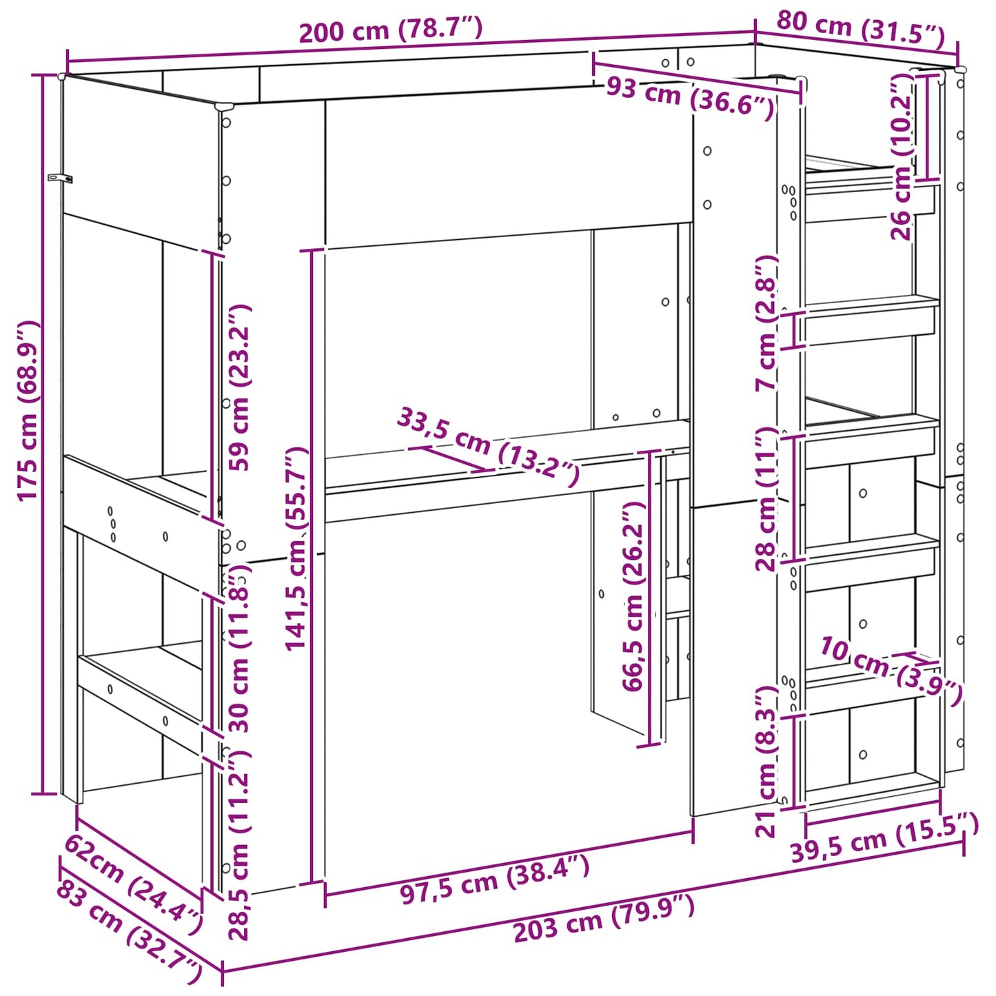 Etagenbettgestell mit Schreibtisch Artisan-Eiche 80 x 200 cm