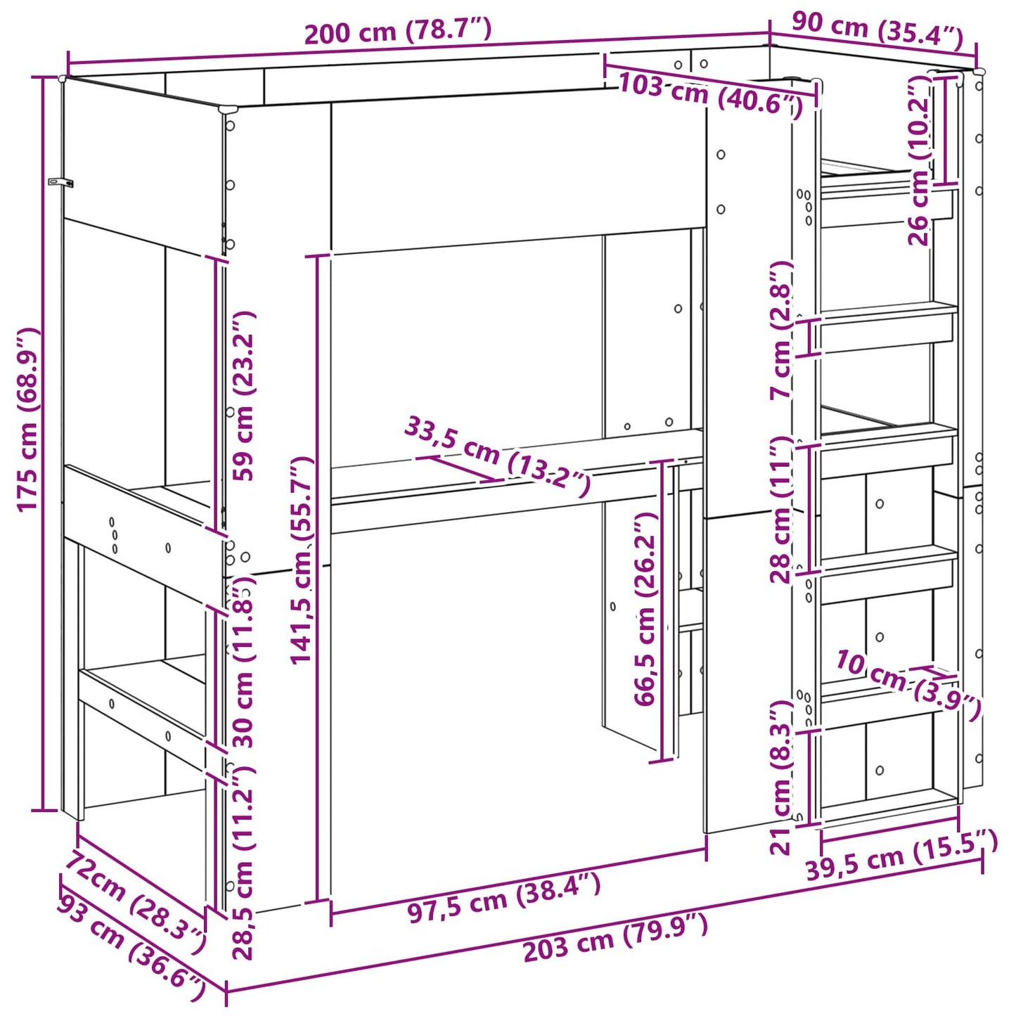 Etagenbettgestell mit Schreibtisch Beton Grau 90 x 200 cm