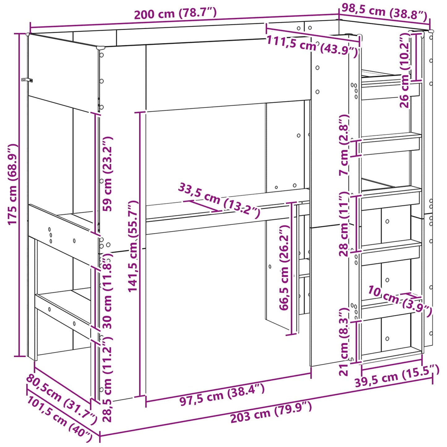 Etagenbettgestell mit Schreibtisch Artisan-Eiche 100 x 200 cm
