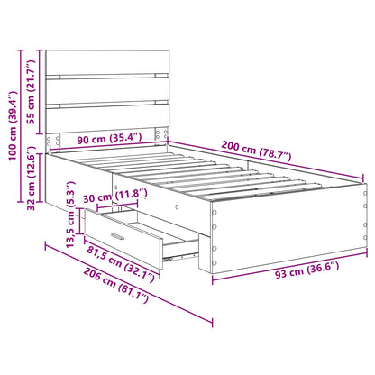 Bettrahmen mit Kopfteil Graues Sonoma 90 x 200 cm Holzwerkstoff