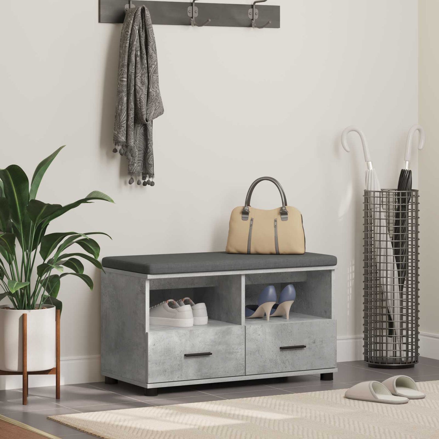 Flurbank mit Kissen mit Schubladen Betongrau 80 x 38 x 46 cm