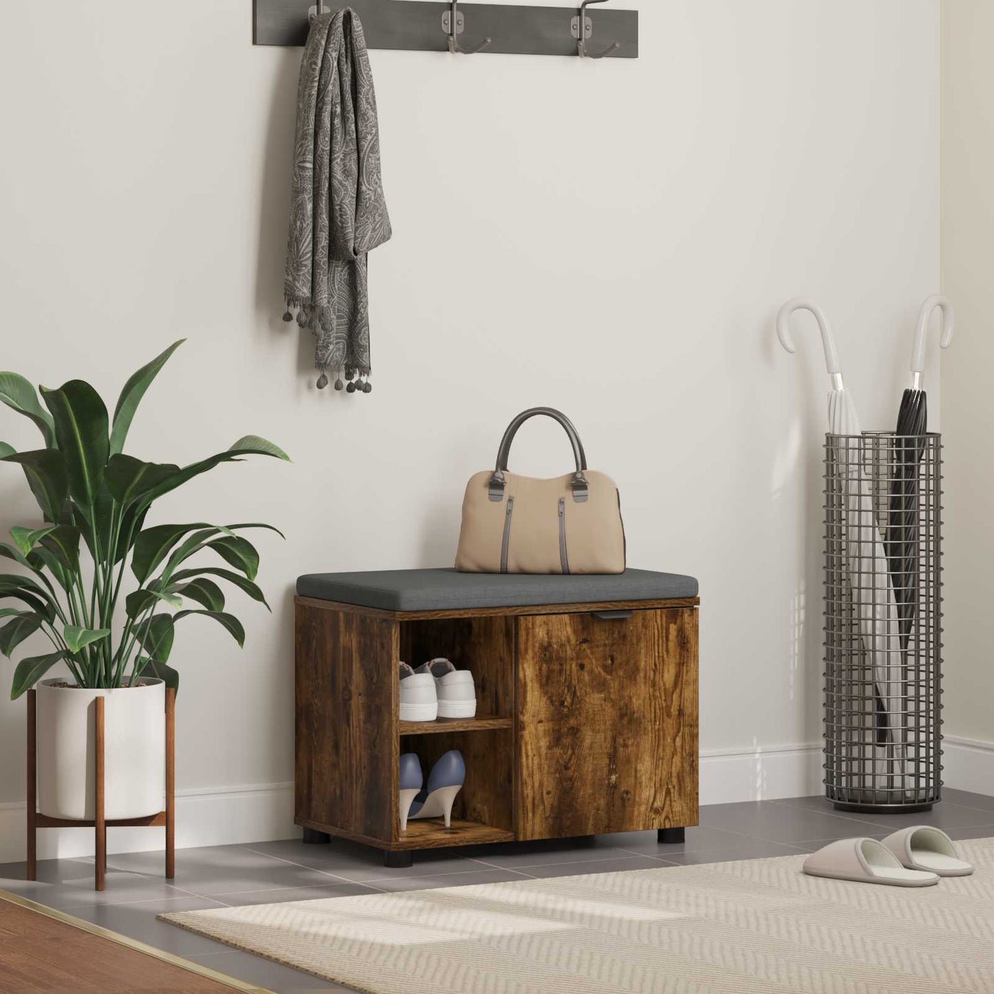 Flurbank mit Kissen mit Regal Geräucherte Eiche 60 x 38 x 46 cm