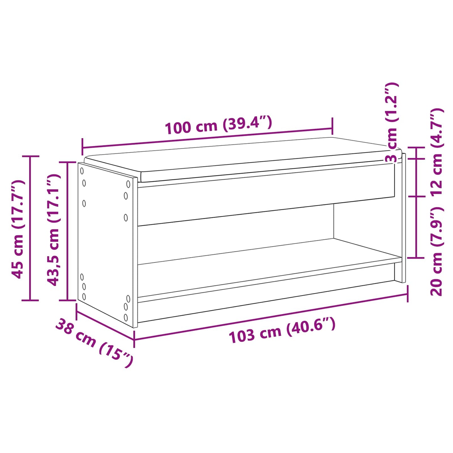 Flurbank mit Kissen mit Regal Altholz 103 x 38 x 45 cm
