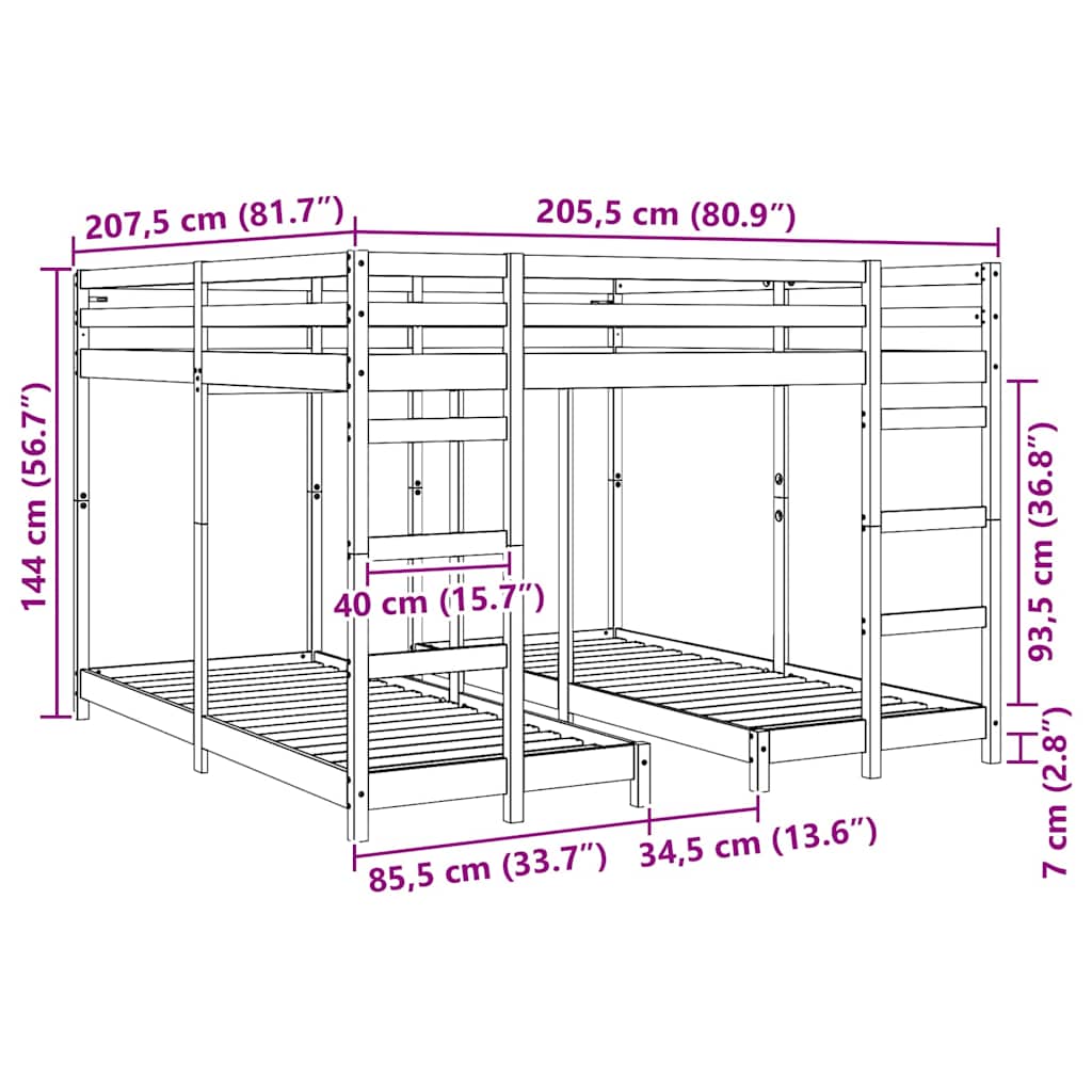 Dreifach Etagenbettrahmen Weiß 200 x 200 cm