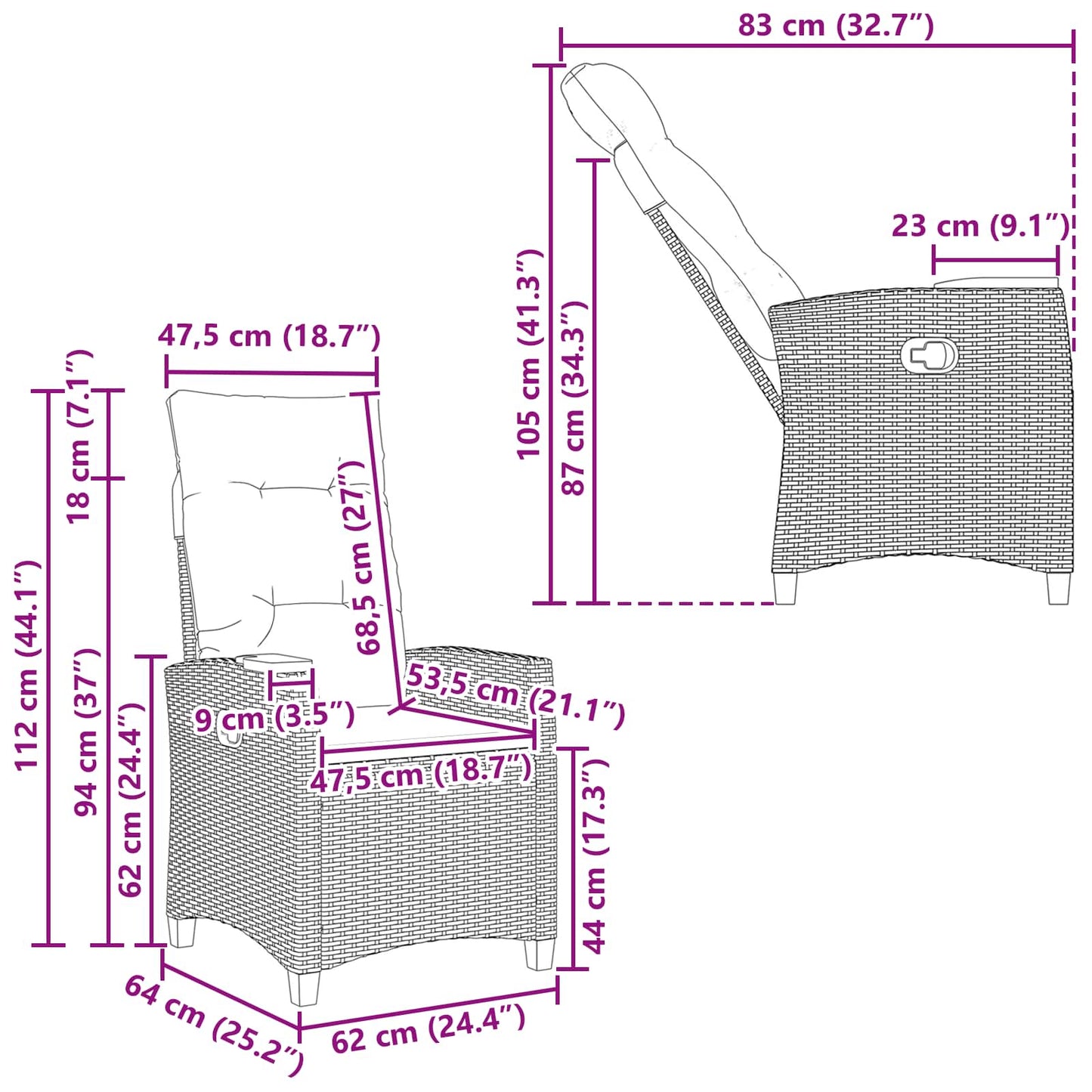 Liegestuhl mit Teeteller 62 x 64 x 112 cm Poly-Rattan