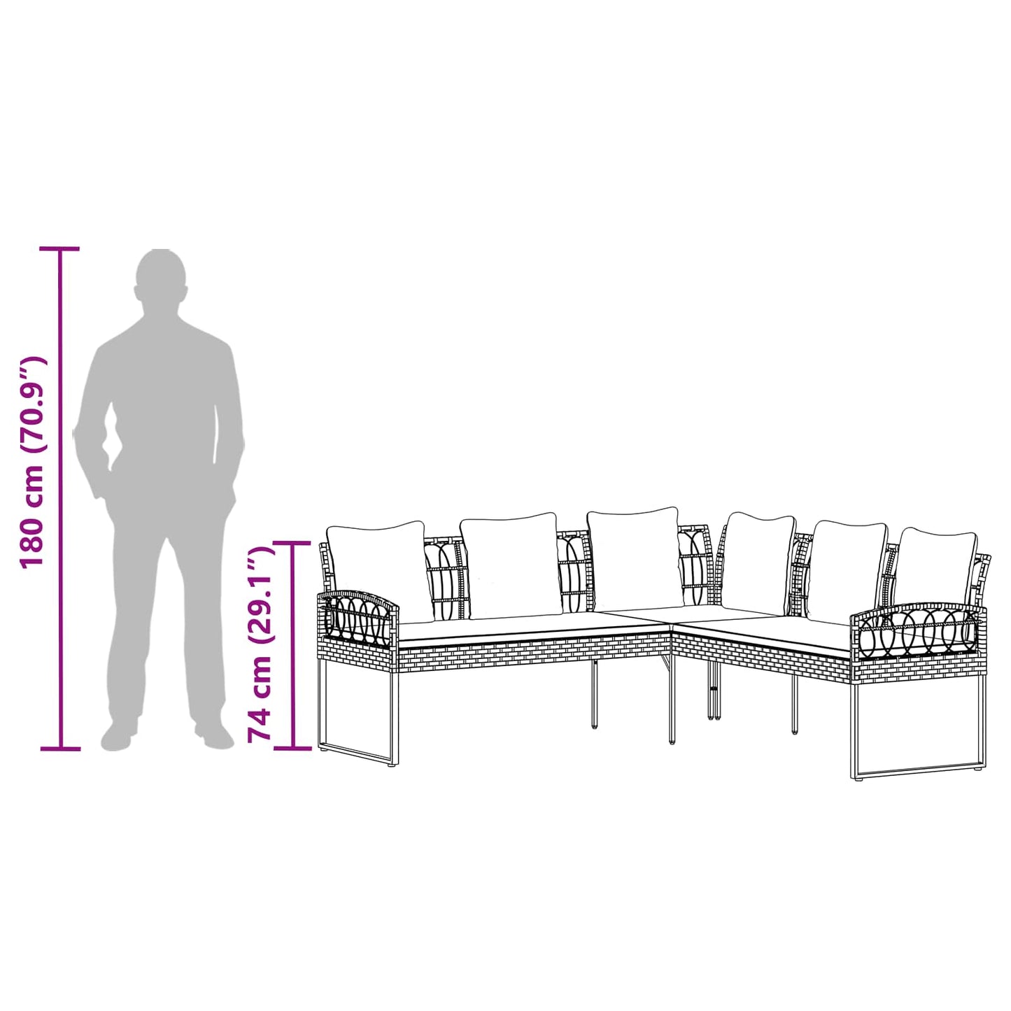 Gartensofa-set mit Kissen 2 pcs Natur Poly Rattan Stahl