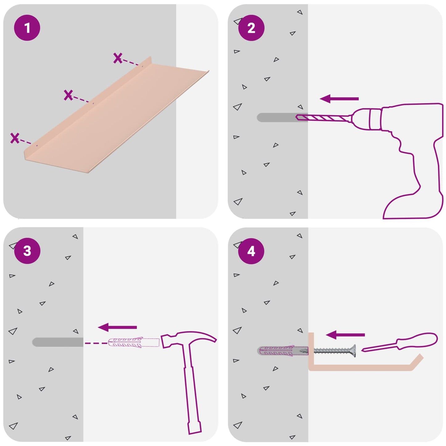 Schwebendes Regal 4 pcs Rosa 60 x 18 x 2,5 cm Stahl