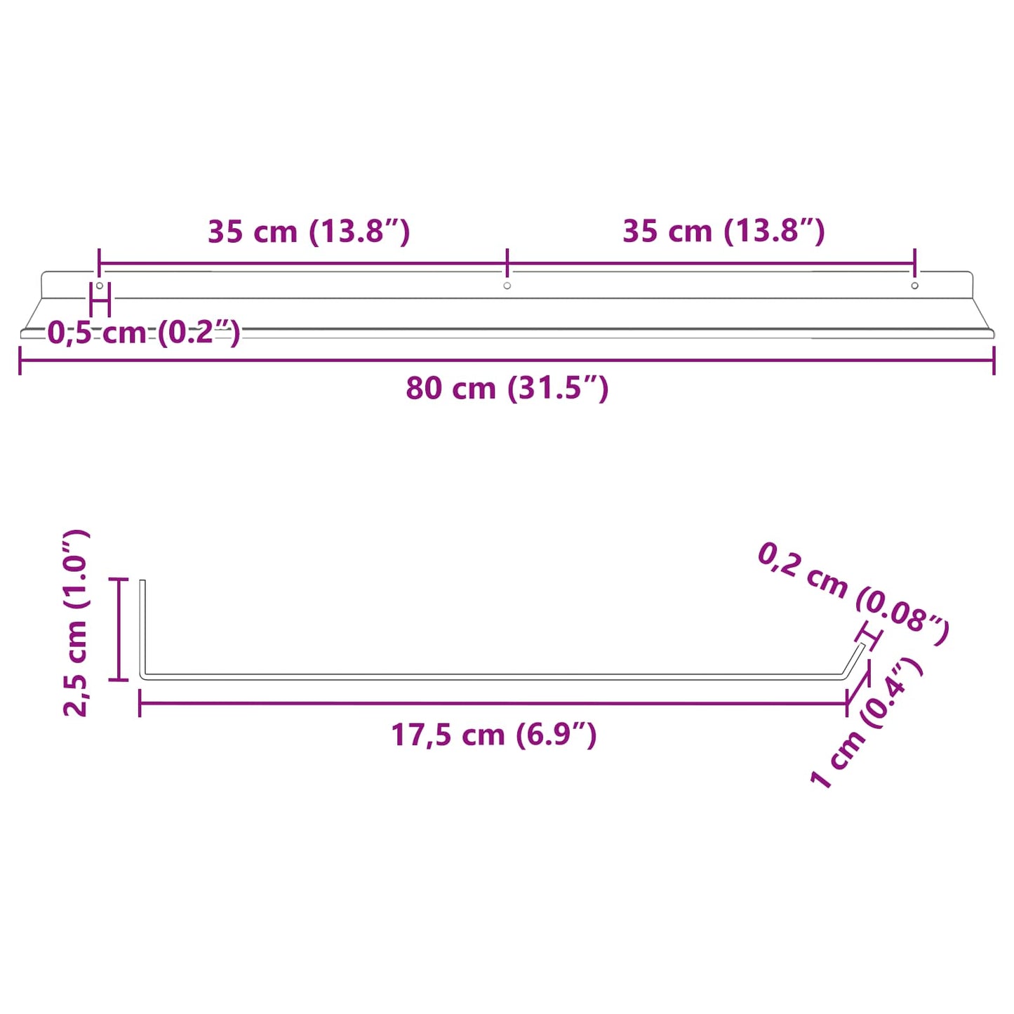 Schwebendes Regal 2 pcs Rosa 80 x 18 x 2,5 cm Stahl