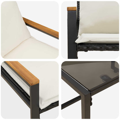 Möbelsets mit Kissen 3 pcs Schwarz und Cremeweiß Rattan