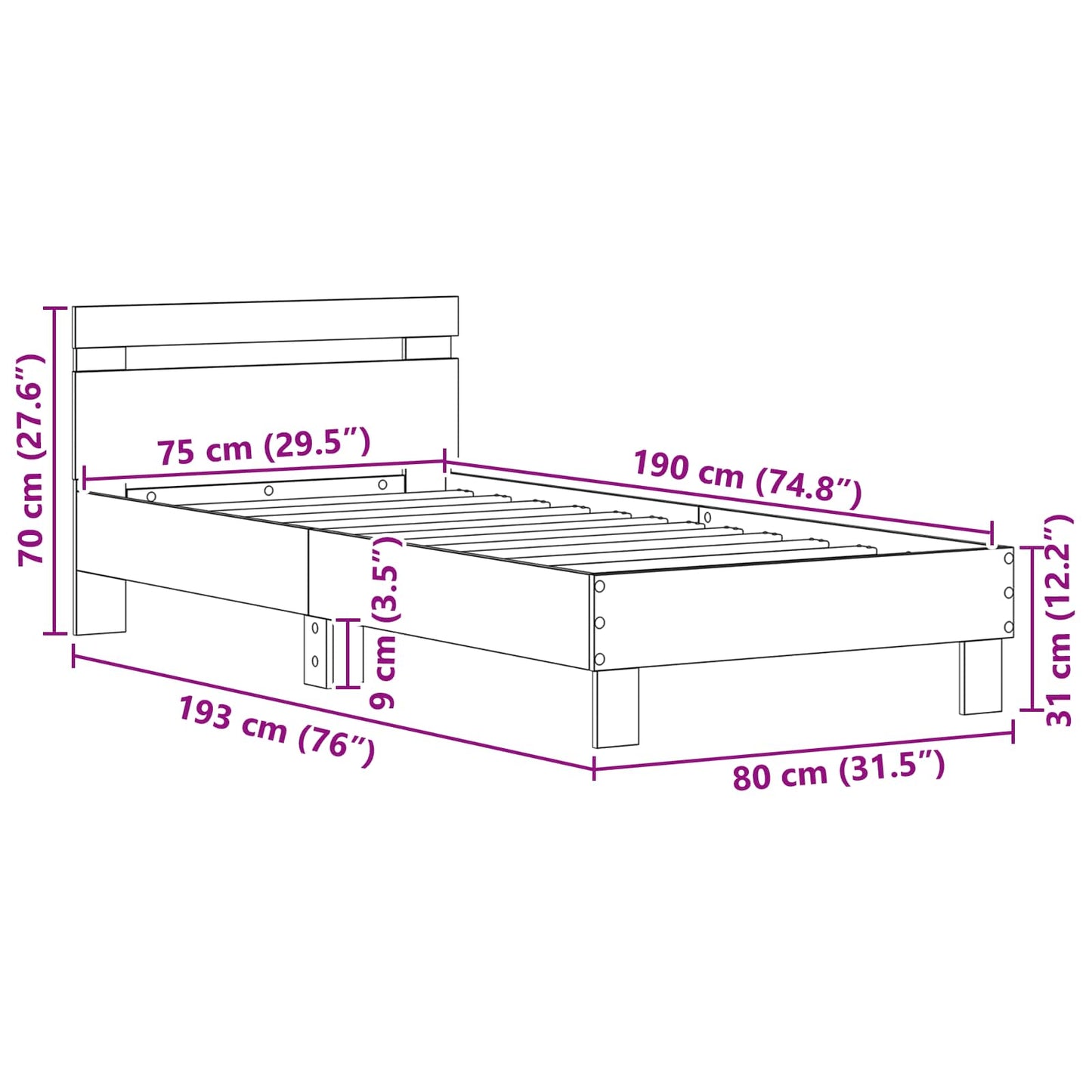 Bettrahmen Schwarz Eichen-Optik 75 x 190 cm Holzwerkstoff