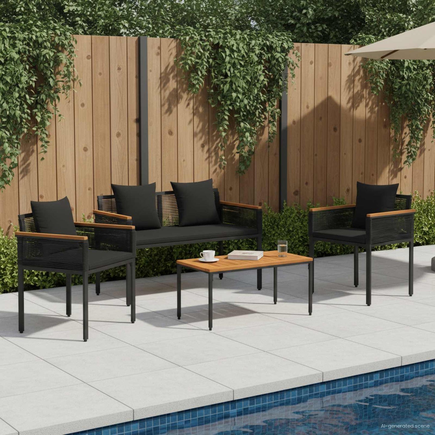 Gartenmöbel Set mit Kissen 4 pcs Schwarz PE-Rattan