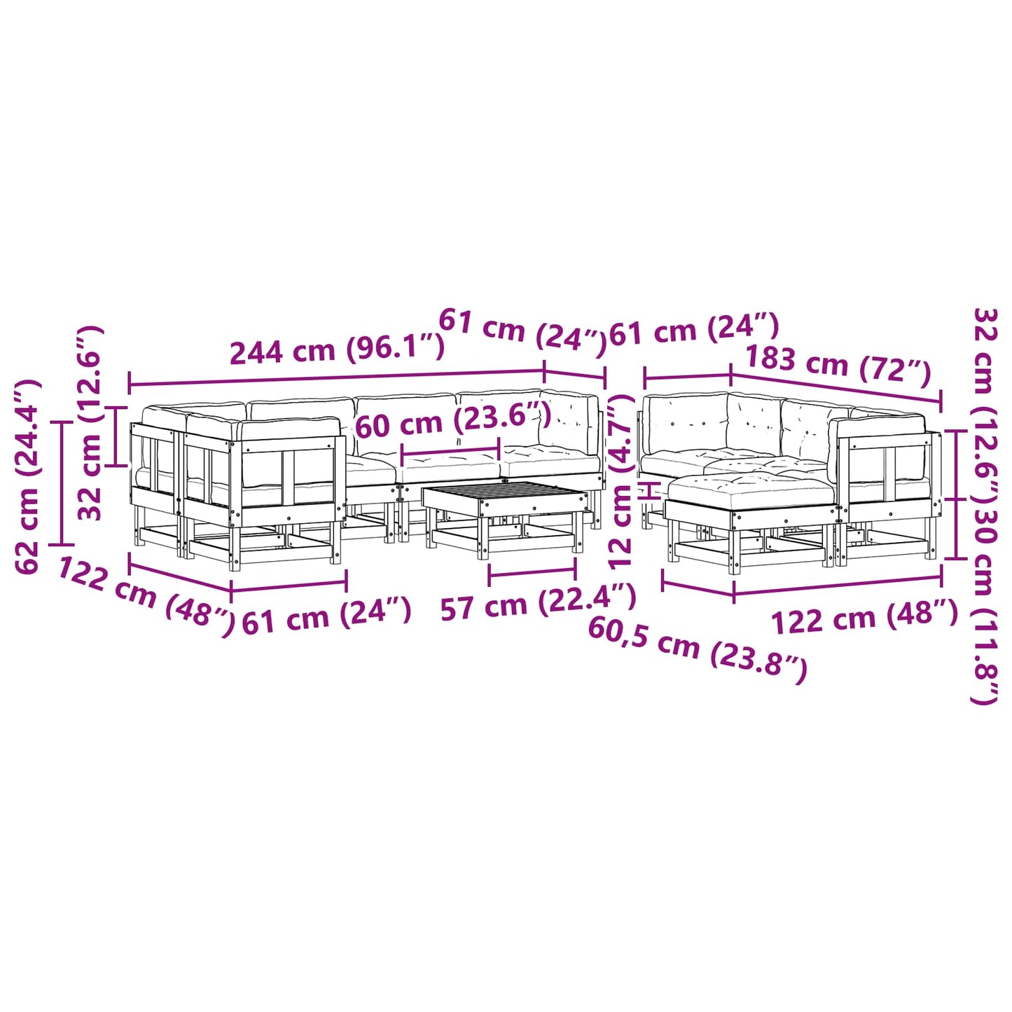 Garten-Lounge-Set 33 pcs Wachsbraun Massives Kiefernholz