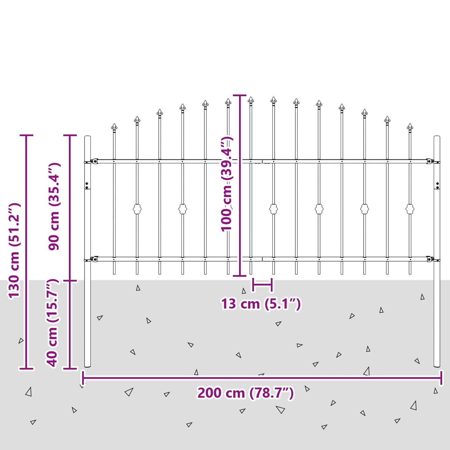 Spießzaun Asten Schwarz 200 x 130 cm Pulverbeschichteter Stahl