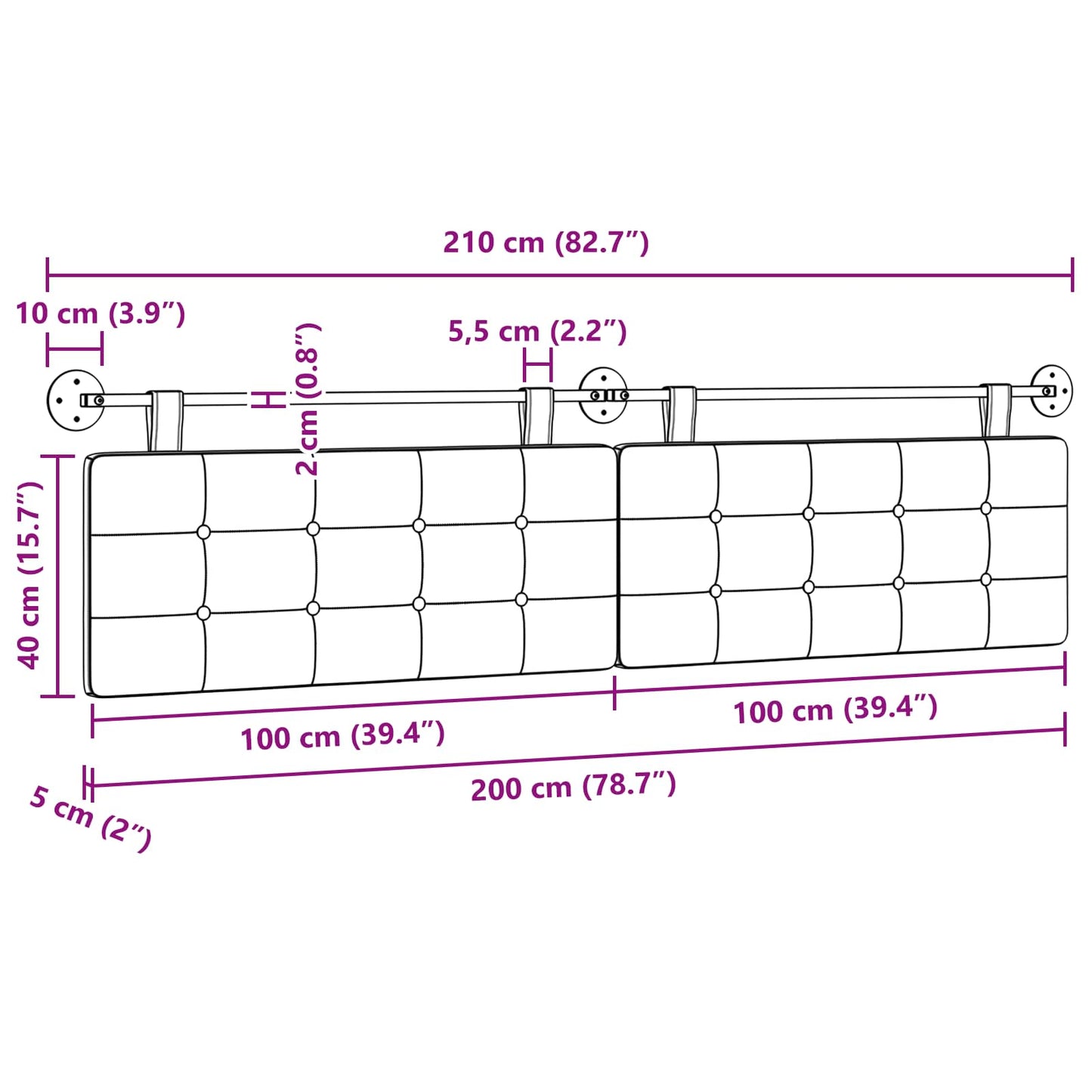 Hängevorderseite Wandmontiert Dunkelbraun 210 x 55 x 5 cm Stoff