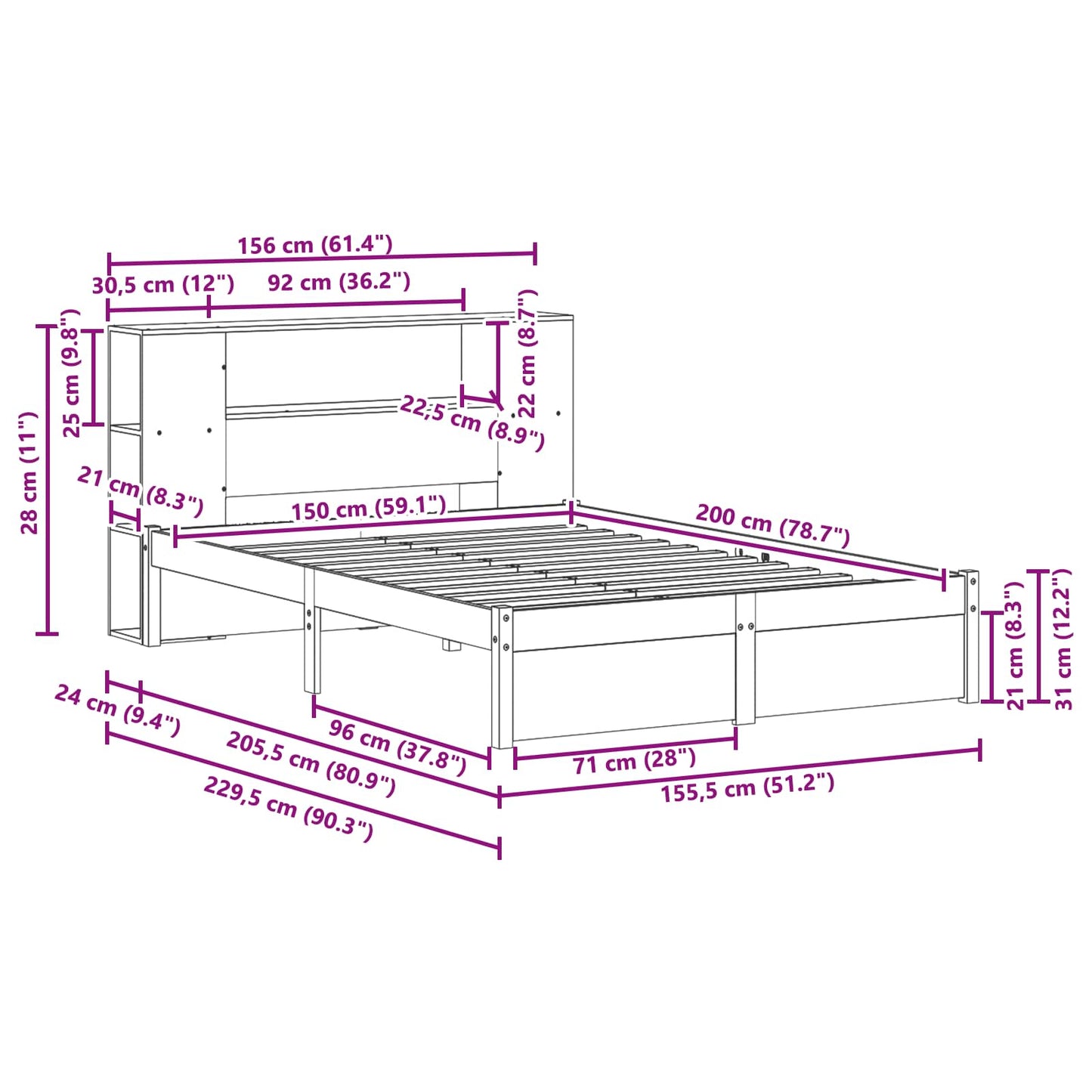 Bettgestell mit Aufbewahrungskopfteil 2 pcs Wachsbraun
