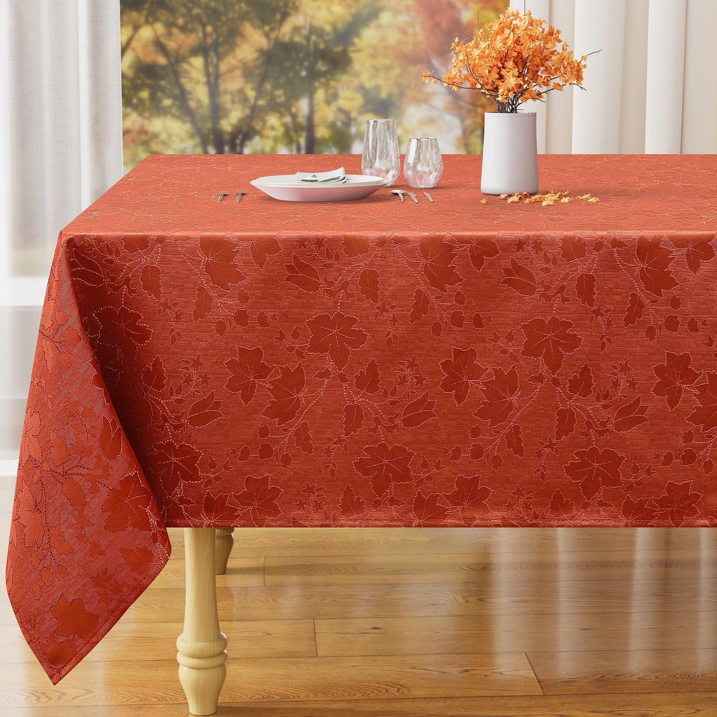 misaya Rectangle Thanksgiving Tablecloth, Waterproof Jacquard Fall Table Cloth, Damask Cloth Table Cover for Harvest Decor (60" x 84", Rust Maple Leaf)