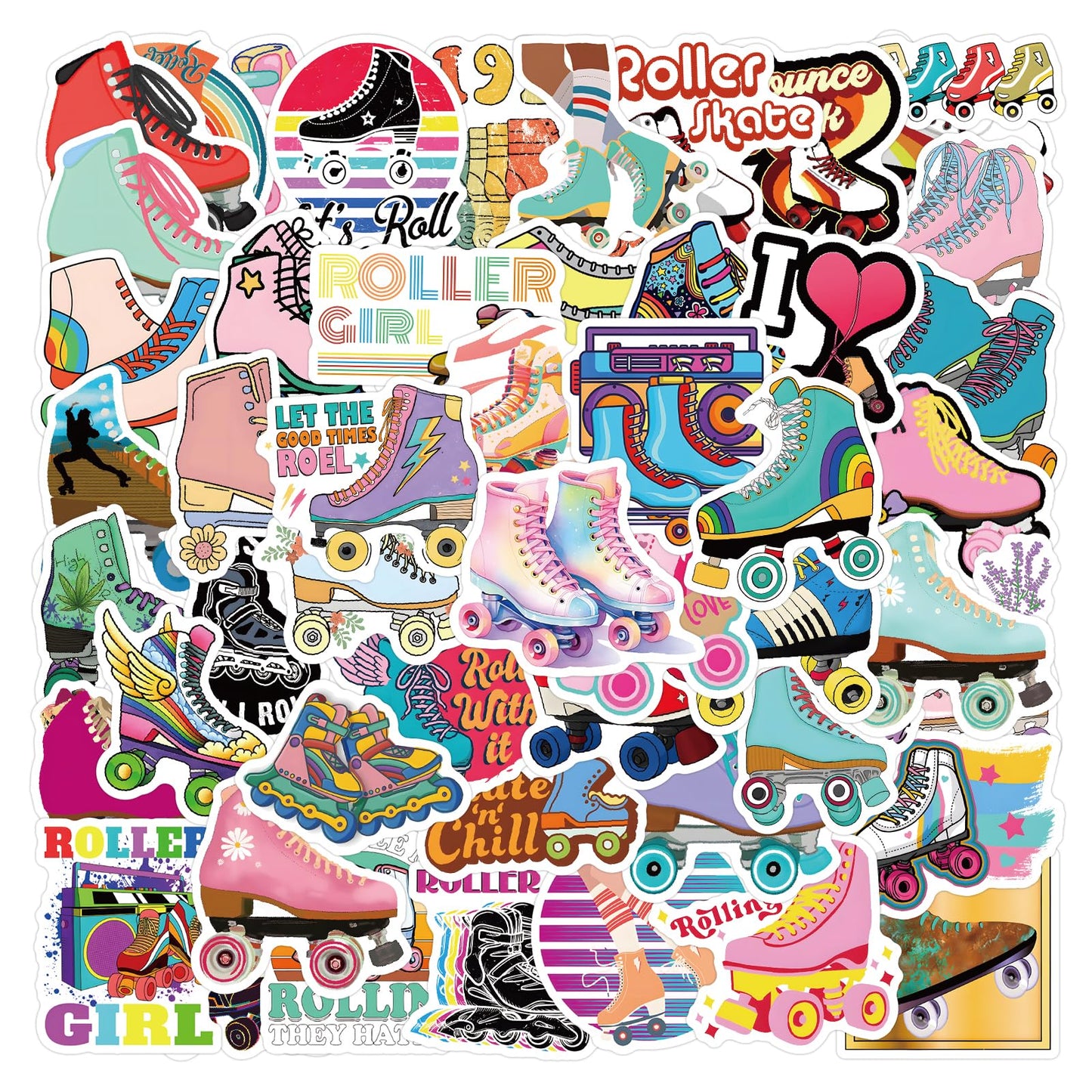 Roller Skating Stickers for Kids 55Pcs Love Rollerblade Waterproof Vinyl Decals for Cup Water Bottles Laptop Luggage Computer Mobile Phone Guitar Skateboard Luggage Phone Case Bicycle Decoration