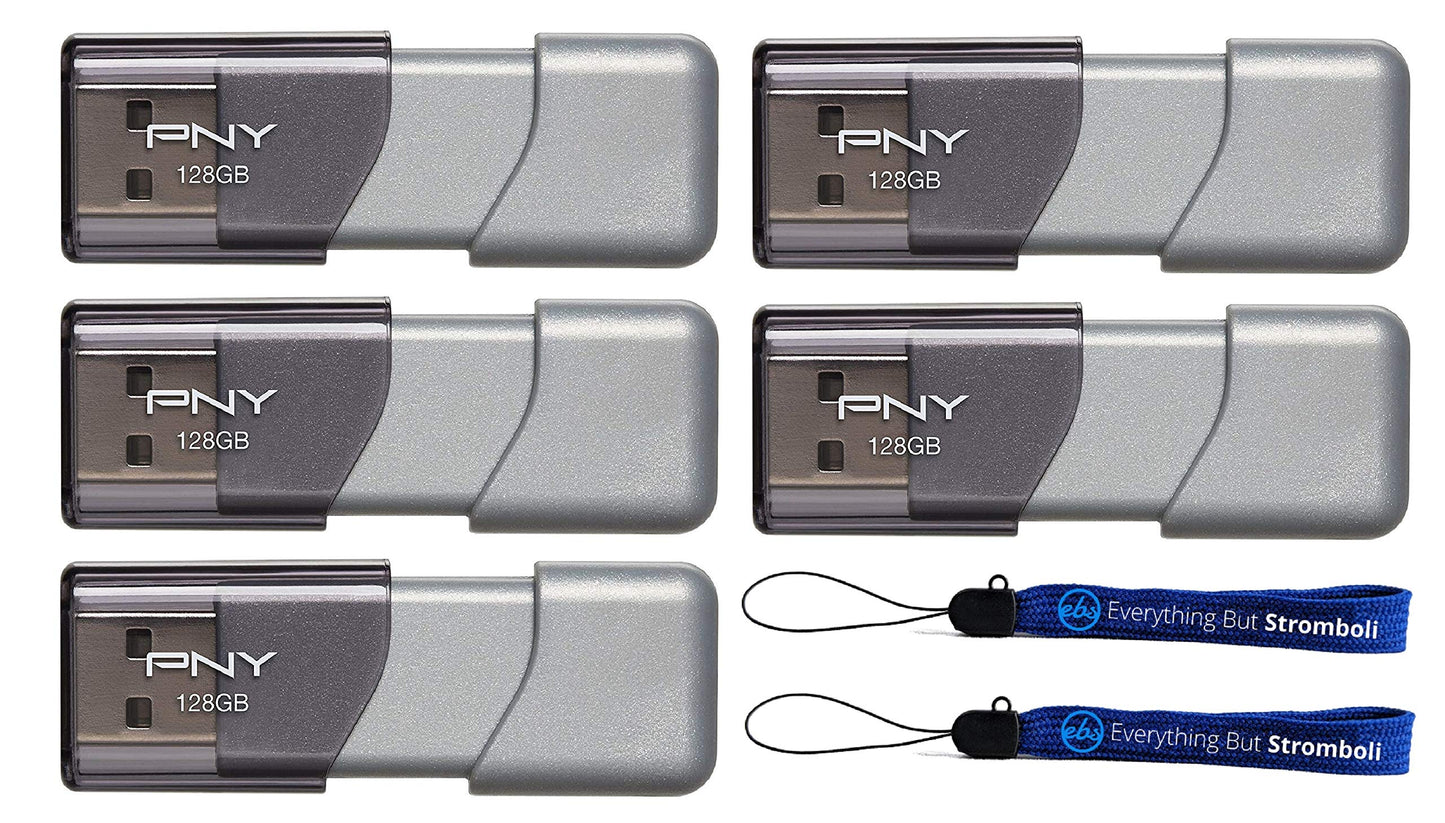 PNY 128GB USB 3.0 Flash Drive Elite Turbo Attache 3 (Five Pack) Model P-FD128TBOP-GE Bundle with (2) Everything But Stromboli Lanyard