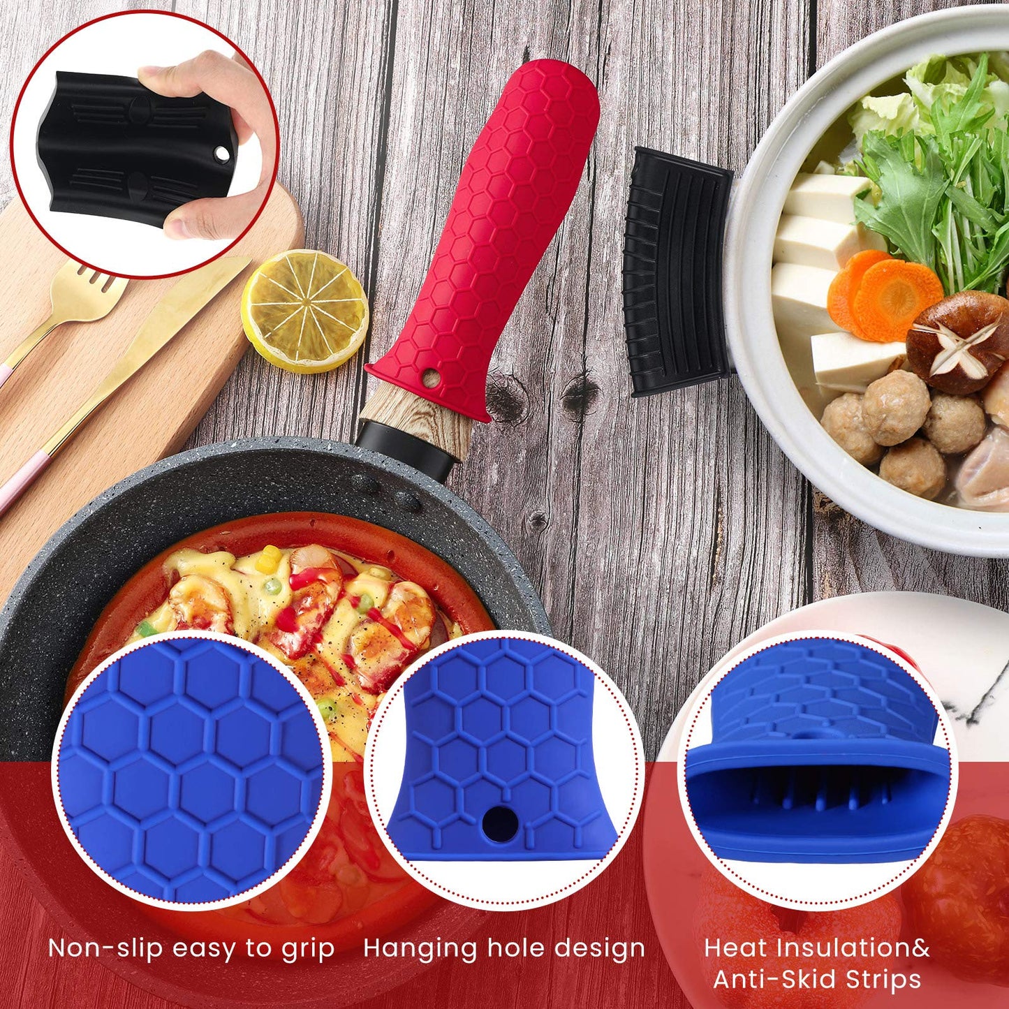 Patelai 8 Pcs Silicone Pot Holders Set Cast Iron Handle Cover Heat Resistant Pot Handle Covers Potholder Non Slip Reusable Pan Sleeve for Frying Pan Kitchen Supplies(Black)