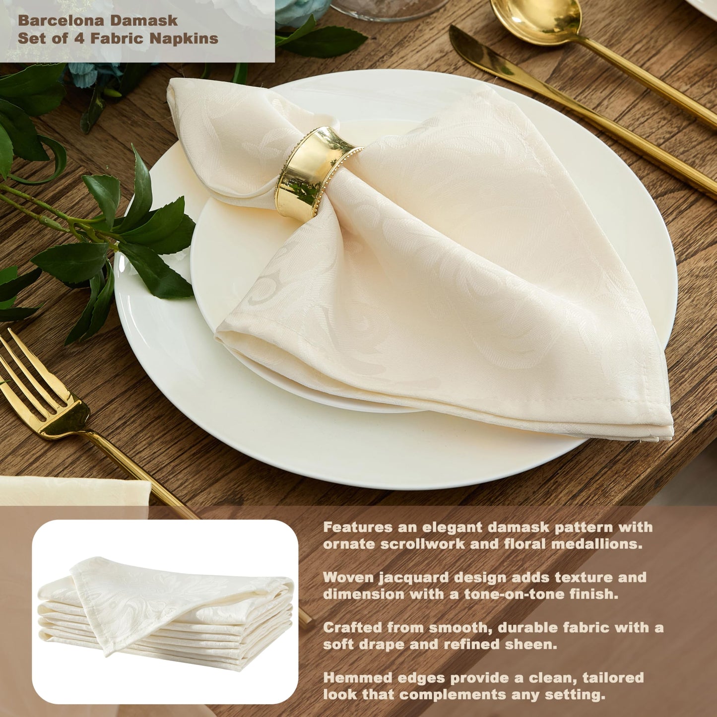 Newbridge Barcelona Luxury Damask Fabric Napkins, Set of 4 Square Napkins, Antique White, 100% Polyester, No Iron, Soil Resistant Dining Room, Party and Banquet Napkins