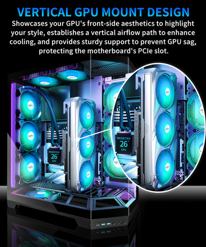 MUSETEX PC Case, Vertical GPU Mounting Design, Pre-Installed 5 PWM ARGB Fans, 360MM RAD Support, ATX Mid-Tower Gaming PC Case with Type-C, 270° Full View Tempered Glass, Black, GR3