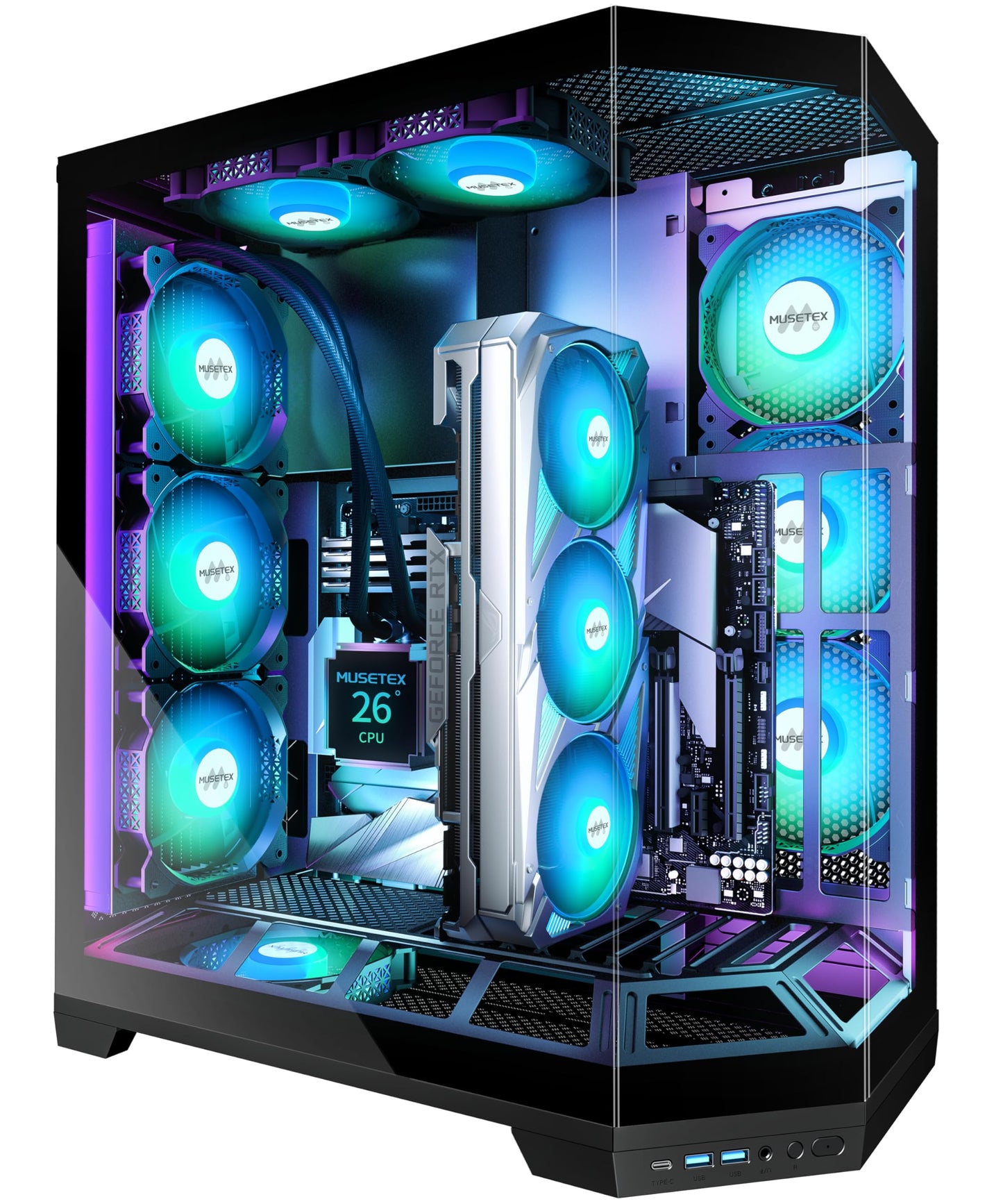 MUSETEX PC Case, Vertical GPU Mounting Design, Pre-Installed 5 PWM ARGB Fans, 360MM RAD Support, ATX Mid-Tower Gaming PC Case with Type-C, 270° Full View Tempered Glass, Black, GR3