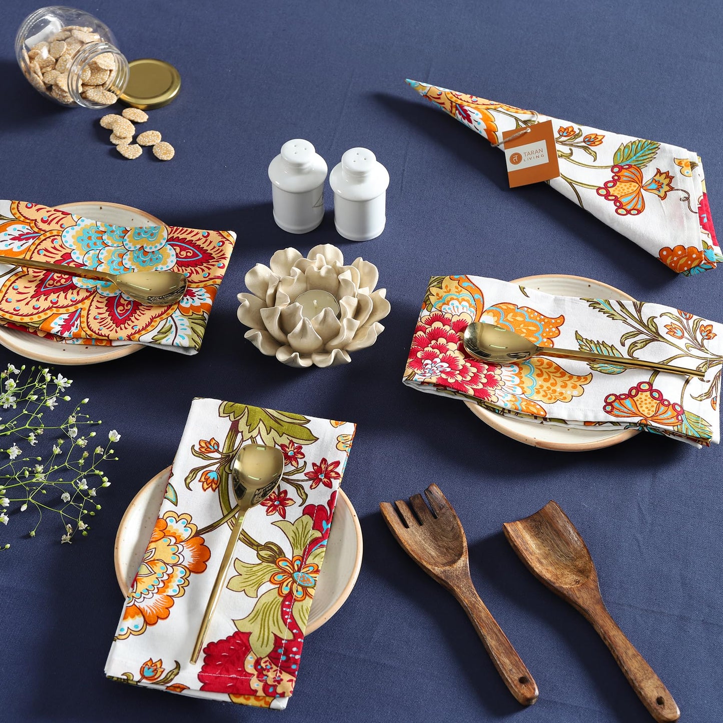 TARAN LIVING Servietten, Herbstmotiv, bedruckte Baumwolle, wiederverwendbares Boho-Servietten-Set, waschbar, ideal als Geschenk, für Zuhause, Hotel oder Silvesterpartys – Kaveri – 6er-Set, 50 x 50 cm