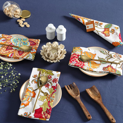 TARAN LIVING Servietten, Herbstmotiv, bedruckte Baumwolle, wiederverwendbares Boho-Servietten-Set, waschbar, ideal als Geschenk, für Zuhause, Hotel oder Silvesterpartys – Kaveri – 6er-Set, 50 x 50 cm