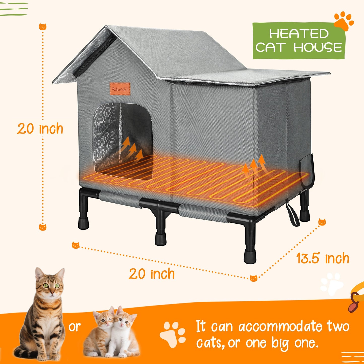 PatiencET Heated Cat House for Outside, Foldable Weatherproof Insulated Outdoor Cat House, Adjustable Temperature, Elevated Base with Ground Stakes, for Indoor/Outdoor Cats