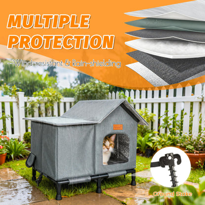 PatiencET Heated Cat House for Outside, Foldable Weatherproof Insulated Outdoor Cat House, Adjustable Temperature, Elevated Base with Ground Stakes, for Indoor/Outdoor Cats
