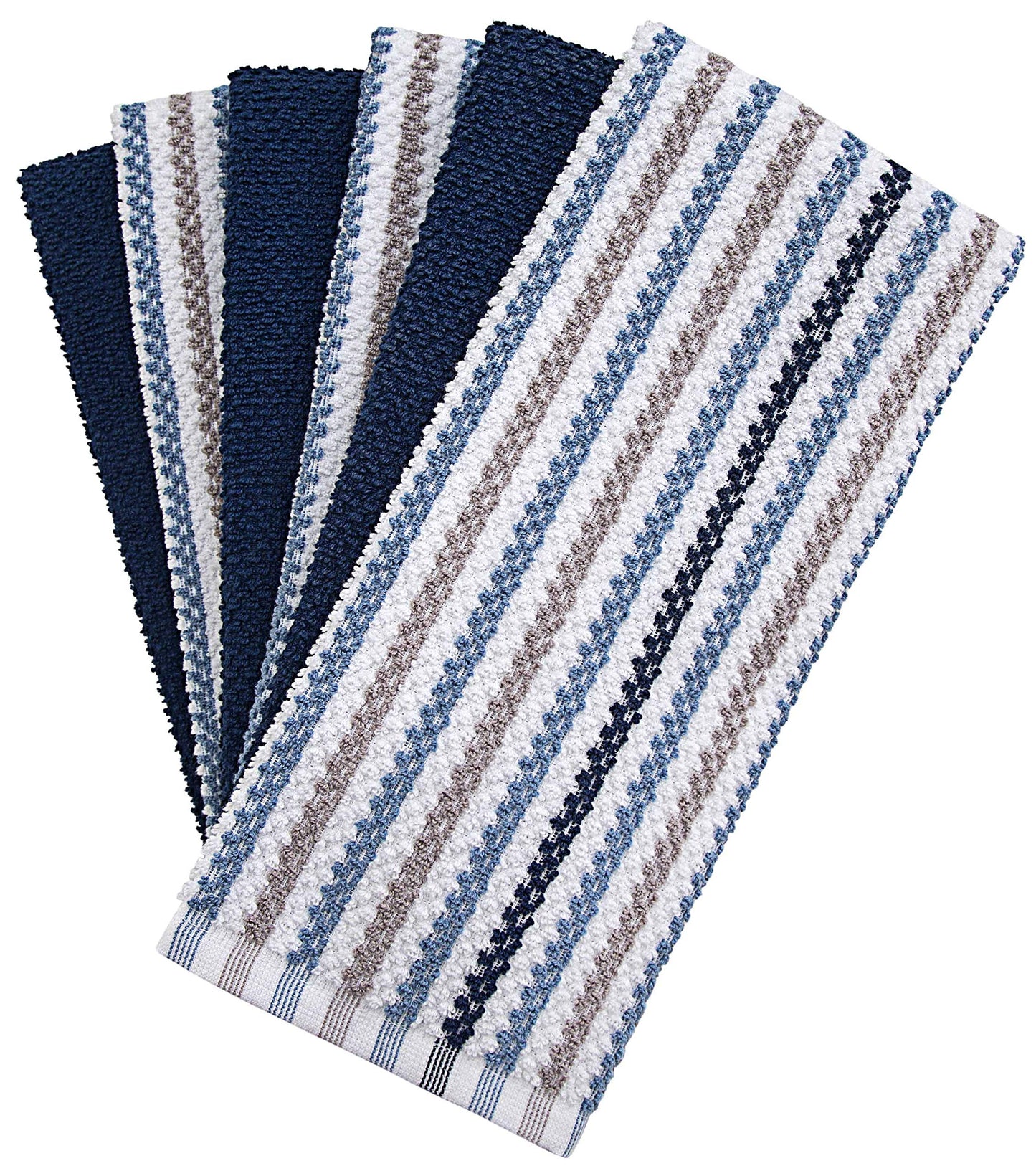 Premium Kitchen Towels (16”x 26”, 6 Pack) | Large Cotton Kitchen Hand Towels | Popcorn Striped Design | Dish Towels | 430 GSM Highly Absorbent Tea Towels Set with Hanging Loop | Blue