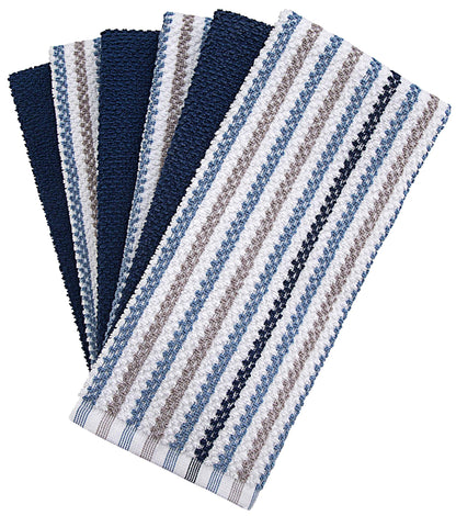 Premium Kitchen Towels (16”x 26”, 6 Pack) | Large Cotton Kitchen Hand Towels | Popcorn Striped Design | Dish Towels | 430 GSM Highly Absorbent Tea Towels Set with Hanging Loop | Blue