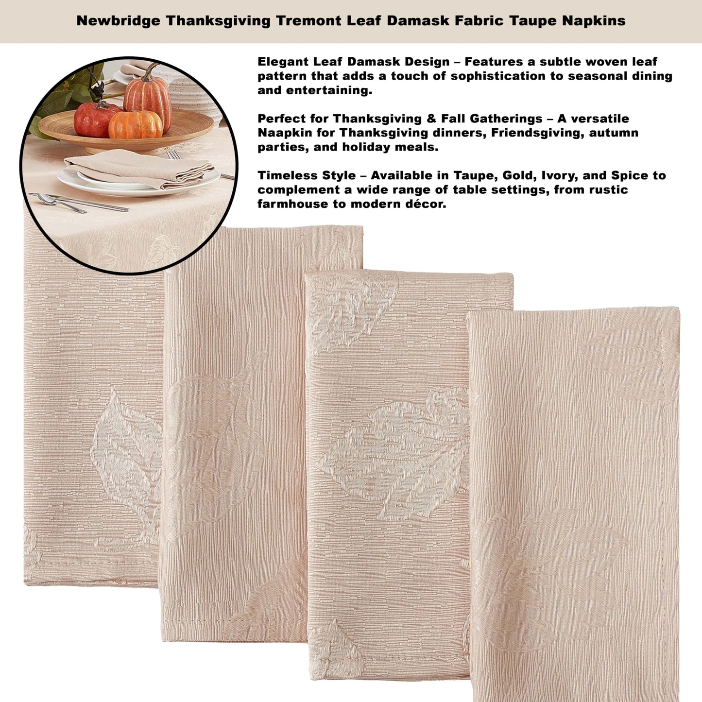 Newbridge Thanksgiving Taupe Tremont Autumn Leaf Damask Rectangle Fabric Tablecloth, 60 x 84 Inch, Fall Swirling Leaves, Soil Resistant, Easy Care Solid Color Table Cover for Holiday Party Dining