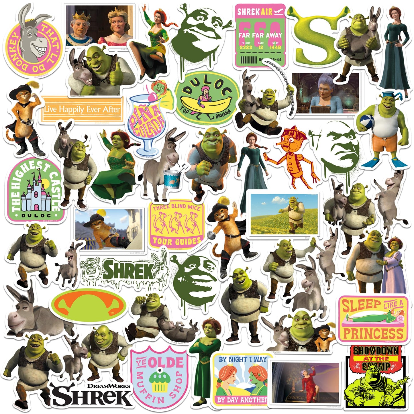 Shrek 2 50ct Vinyl Large Deluxe Stickers Variety Pack - Laptop, Water Bottle, Scrapbooking, Tablet, Skateboard, Indoor/Outdoor