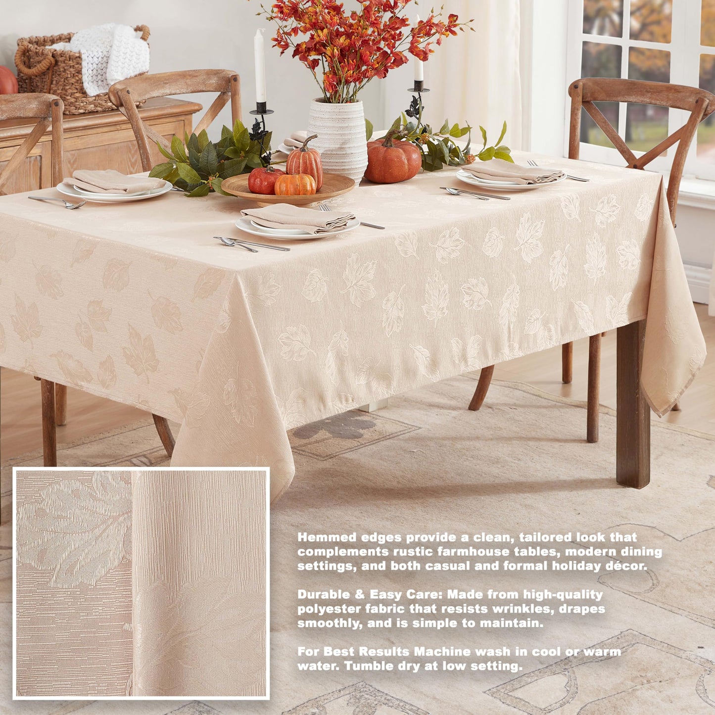 Newbridge Thanksgiving Taupe Tremont Autumn Leaf Damask Rectangle Fabric Tablecloth, 60 x 84 Inch, Fall Swirling Leaves, Soil Resistant, Easy Care Solid Color Table Cover for Holiday Party Dining