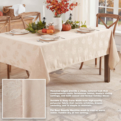 Newbridge Thanksgiving Taupe Tremont Autumn Leaf Damask Rectangle Fabric Tablecloth, 60 x 84 Inch, Fall Swirling Leaves, Soil Resistant, Easy Care Solid Color Table Cover for Holiday Party Dining