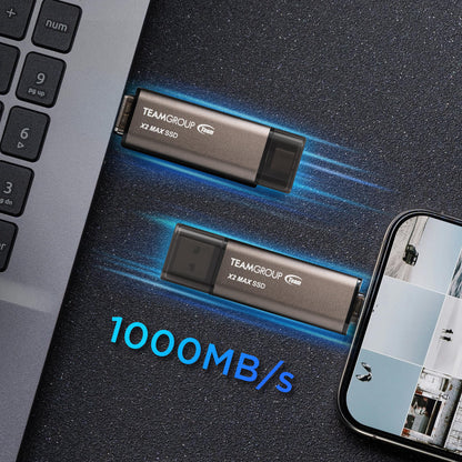 TEAMGROUP 2TB X2 MAX External/Portable SSD 1000MB/s, Dual USB Hard Drive Compatible with iPhone17&iPad&Mac, Steam Deck/PC/Windows/Android/PS5/Laptop/Tesla, Type C &A, USB 3.2 Gen2 TX2MAX32TBT01